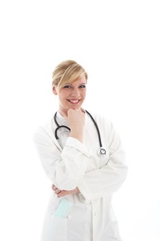 Smiling beautiful young female doctor in a labcoat with a stethoscope around her neck isolated on white Smiling beautiful young female doctor in a labcoat with a stethoscope around her neck isolted on white 