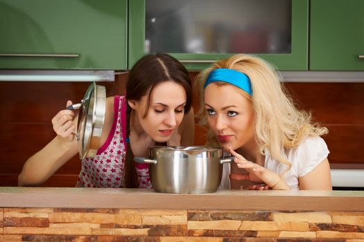 Two young women in the kitchen with a pot of soup