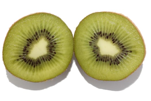 Two shares of the kiwi cut half-and-half on a white background