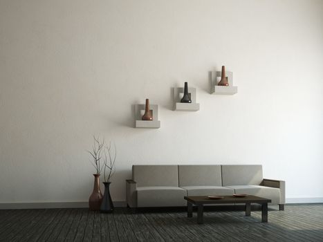 Gray sofa and vases near a wall