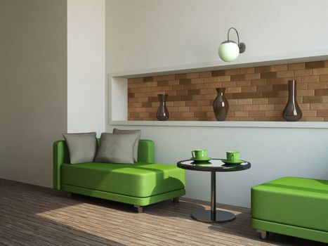 Two green sofas and little table near a wall