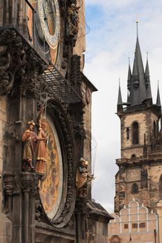 Famous Prague Town Hall tower with astronomical clock and Church Of Our Lady, Czech Republic