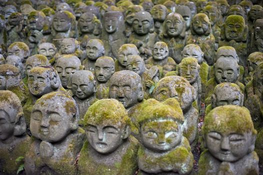 Humorous Rakan sculptures at Otagi Nenbutsu-ji Temple, Kyoto, Japan, Pictured with a narrow depth of field