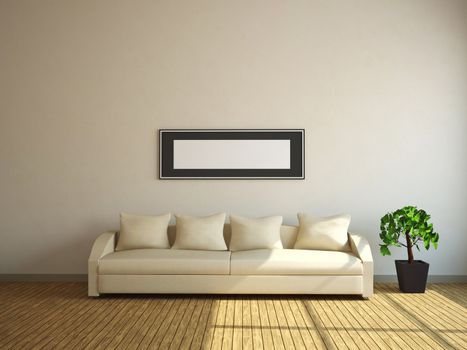 A room with a sofa and a plant