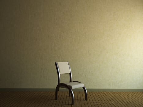 A room with a wooden chair near the wall