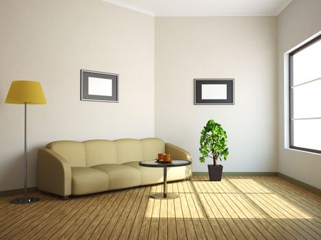 The interior of a large room with a window