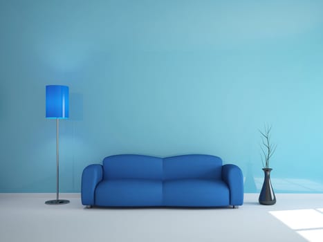Room interior with a blue sofa and a lamp