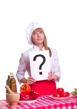 beautiful woman hold sign with question mark, over white background