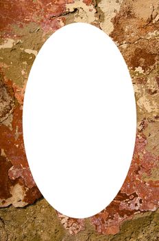 Background of the old painted wall with the loose paint. Isolated white oval place for text photograph image in center of frame.