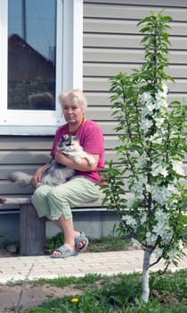 Woman sits on summer residence with thoroughbred cat on hands