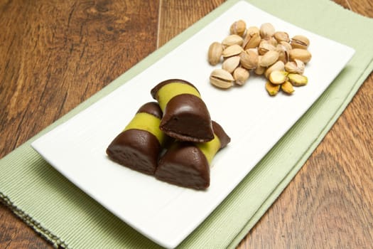 delicious chocolate pastries with pistachio
