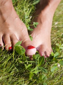 Close up of womans feet in the grass