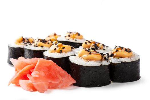 Close up view of sushi isolated over white background