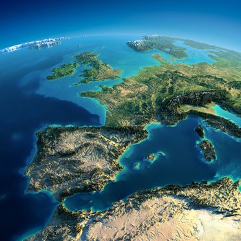 Highly detailed planet Earth in the morning. Exaggerated precise relief lit morning sun. Part of Europe, the Mediterranean Sea. Elements of this image furnished by NASA