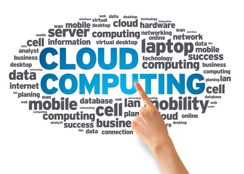 Hand pointing at a Cloud Computing Word Cloud on white background.