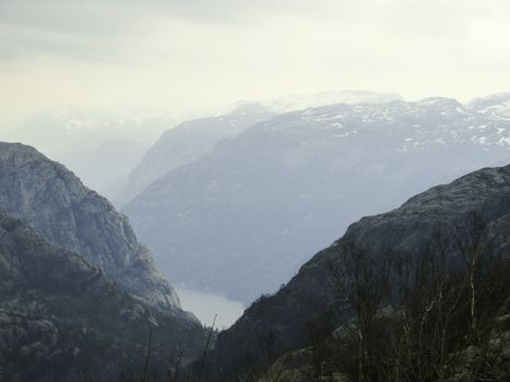mountains and fjord in norway with cloudy sky