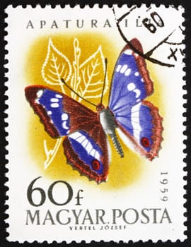 HUNGARY - CIRCA 1959: a stamp printed in the Hungary shows Leser Purple Emperor, Apatura Ilia, Butterfly, circa 1959