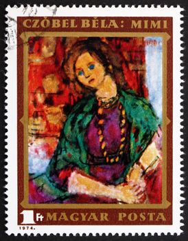 HUNGARY - CIRCA 1974: a stamp printed in the Hungary shows Mimi, Painting by Bela Czobel, 91st Birthday of Bela Czobel, Hungarian Painter, circa 1974