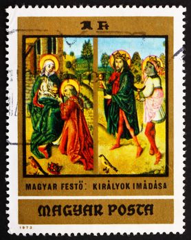 HUNGARY - CIRCA 1973: a stamp printed in the Hungary shows Adoration of the Kings, Painting by Hungarian Anonymous Early Master, from the Christian Museum at Esztergom, circa 1973