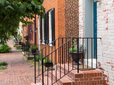 Red brick georgian houses in Frederick Maryland on historic street