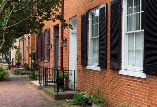 Red brick georgian houses in Frederick Maryland on historic street