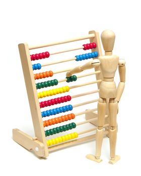 A mannequin positions a few beads on the abacus to solve his math.