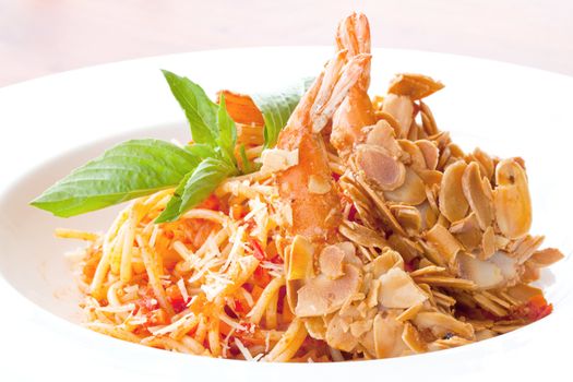 Spaghetti with Almond Shrimp meal cuisine
