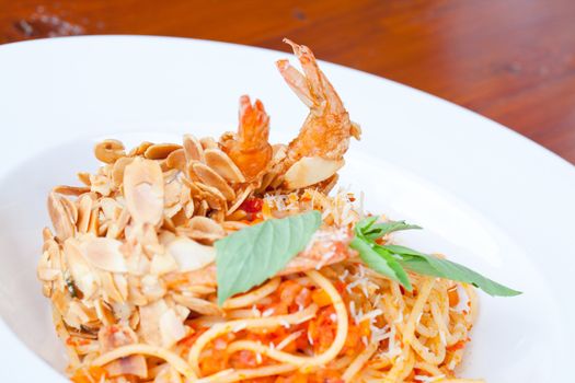 Spaghetti with Almond Shrimp meal cuisine (Selective Focus at shrimp)