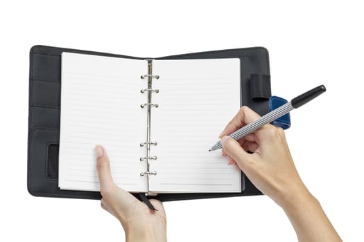 open blank page note book and hand