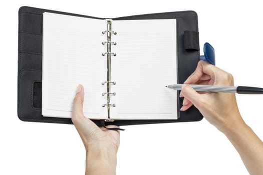 open blank page note book and hand