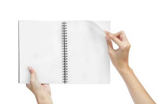 open blank page note book and hand