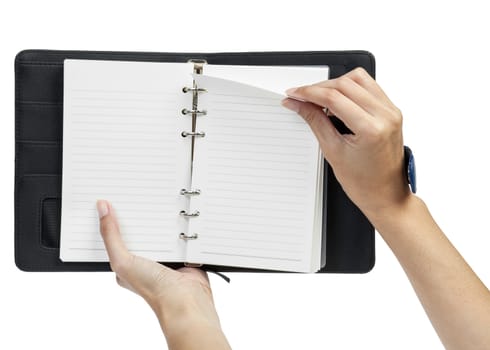 open blank page note book and hand