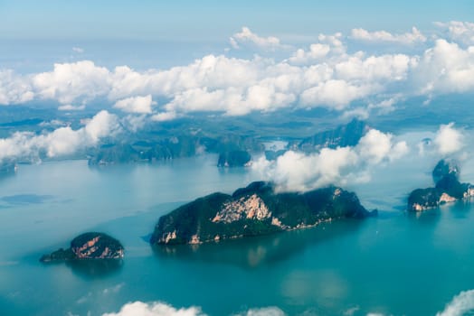 Aerial view of the tropical islands in blue water of Andaman sea