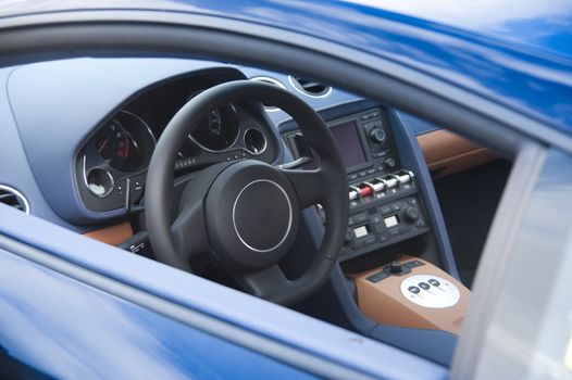 Sports car interior in blue leather