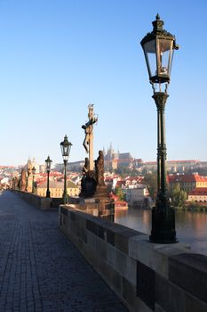 View of St. Vitus Cathedral from Charles Bridge at dawn, Prague,Czech Republic