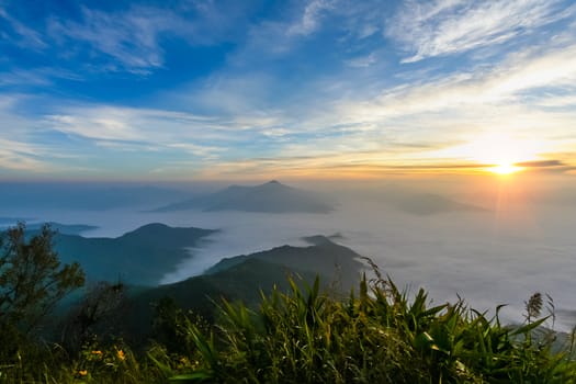 Sunrise at horizon in morning time  on mountain with blue sky cloudy and fog