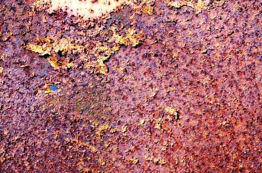 Background of rusty peeling paint steel wall texture. Time and corrosion affected surface.