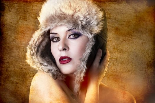 Artistic portrait of woman with fur hat