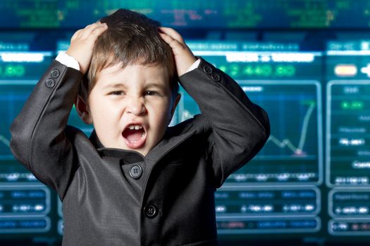 Surprised businessman child in suit with funny face, stock market