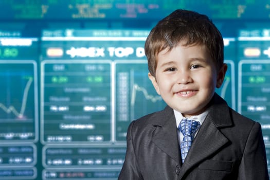 Child dressed businessman with funny face. stock market