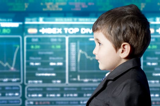 Child dressed businessman with funny face. stock market