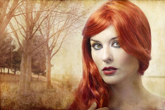 beautiful redheaded woman on a background of forest, Renaissance