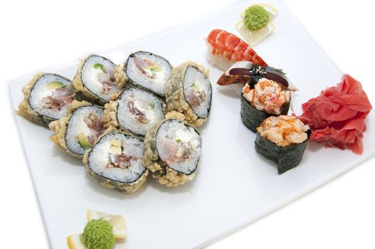 Japanese sushi fish and seafood on white background