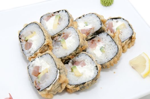 Japanese sushi fish and seafood on white background