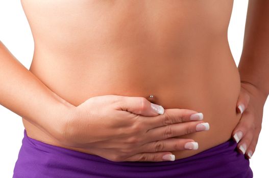 Woman suffering from stomach pain, isolated in white.