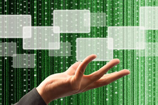 hand hold a touch screen interface with digital matrix background