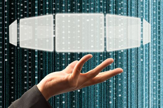 hand hold a touch screen interface with digital matrix background