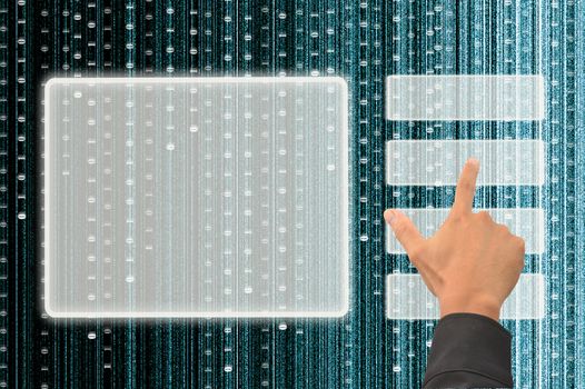 hand pushing a button on a touch screen interface with digital matrix background