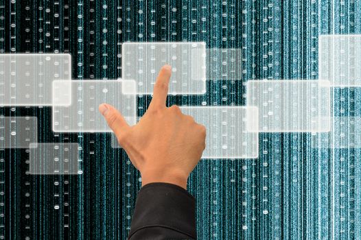 hand pushing a button on a touch screen interface with digital matrix background