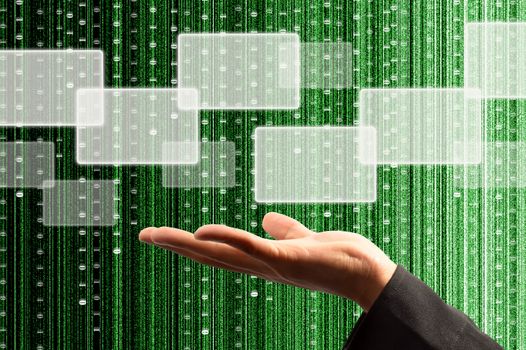 hand hold a touch screen interface with digital matrix background